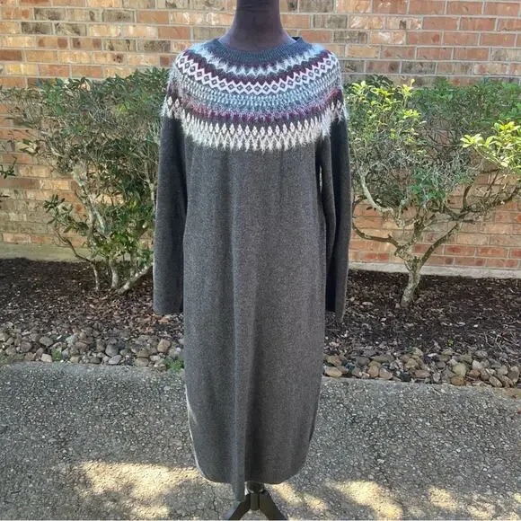 J.Jill Fair Isle Gray Nordic Jacquard Knit Long Sleeve Midi Sweater Dress - Picture 2 of 7